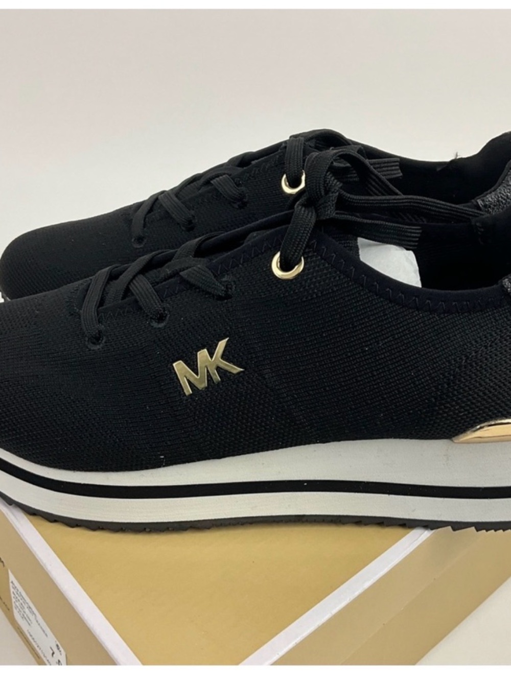 NWB Michael Kors Black Knit Platform Sneakers with White Stripe - Picture 2 of 8